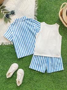 Set 3 piese cămașă cu mânecă scurtă, maiou și pantaloni scurți, casual, pentru băieți, de zi cu zi, pentru vacanță - Albastru - Vizualizare 2