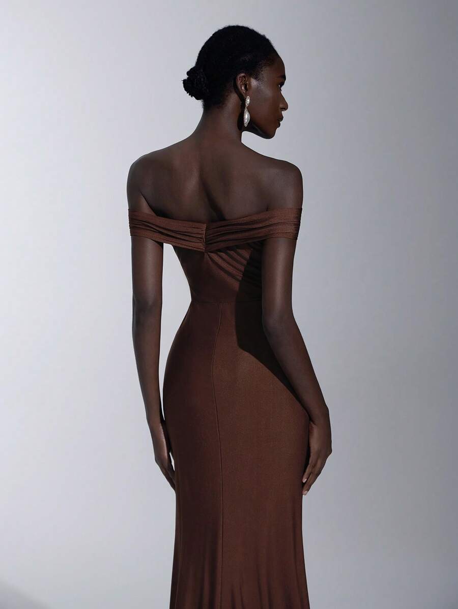 Elitara 优雅、浪漫、性感、简约、棕色、有弹性、露肩、露背、露肩、收腰、系结、透视、时尚、节日、度假、生日派对、婚礼、伴娘礼服 - 棕色 - 查看 1