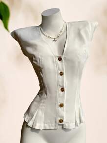 Easelle Summer Boho Vacation Linen White Woven Single-Breasted Western Graduation Waistcoat - White - View 1