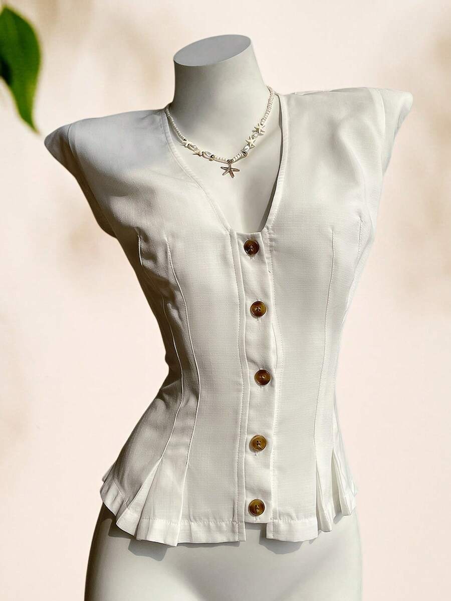 Easelle Summer Boho Vacation Linen White Woven Single-Breasted Western Graduation Waistcoat - White - View 1