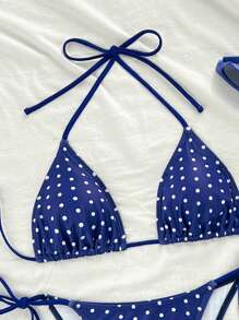 Swim Mod 2026 Spring/Summer Women's Polka Dot Print Halter Neck Tie Side Bikini Two Pieces Swimsuit
