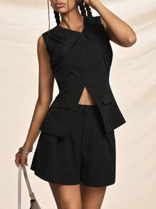 Easelle Summer Women Two Pieces Outfits For Daily Wear Twist Design Black Suit Classy Outfits For Women - Black - View 3
