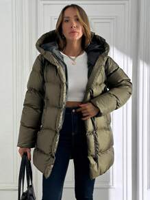 SHEIN Cottnline Women Contrast Drawstring And Lining Detailed Puffer Hooded Wintercoat - Army Green - View 3