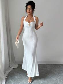 Elenzga Women's Elegant Texture Solid Color Tied Neck Fitted Maxi Fishtail Dress - White - View 6