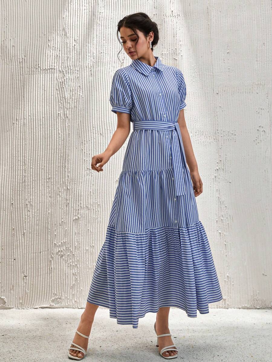 RueChic Women Extra Long Belt Detailed Shirt Dress - Blue - View 1