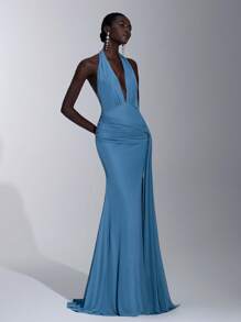 Elitara Vestido elegante, romántico, sexy, minimalista, azul, elástico, de cuello halter, espalda descubierta, ajustado, con nudo, transparente, de moda, de influencer, para festival, vacaciones, fiesta de cumpleaños, boda, dama de honor