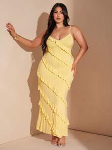 SHEIN BAE Damen Große Größen gelbes Rüschen V-Ausschnitt Träger Maxikleid, Strandparty/Geburtstagsparty/Abendausgang elegantes und sexy Kleid, Frühling/Sommer, Abschlusskleid, Strandoutfit für Frauen, 4. Juli Outfit, Inselurlaub Outfit, Flitterwochen Outfit Frau, Sommeroutfit für Frauen, Sommerkleider für Frauen, Pool Party Outfit, Urlaubsoutfit Frau, Damenkleidung in Große Größen, Konzert, buttergelbes Kleid