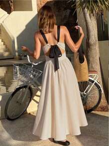 SHEIN Frenchy Váy dây mảnh thắt nút lưng phối màu cho nữ - Màu be - Xem 8