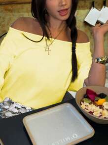 INAWLY Áo thun hở vai màu trơn tối giản giản dị dành cho nữ, mùa hè - Màu vàng - Xem 3