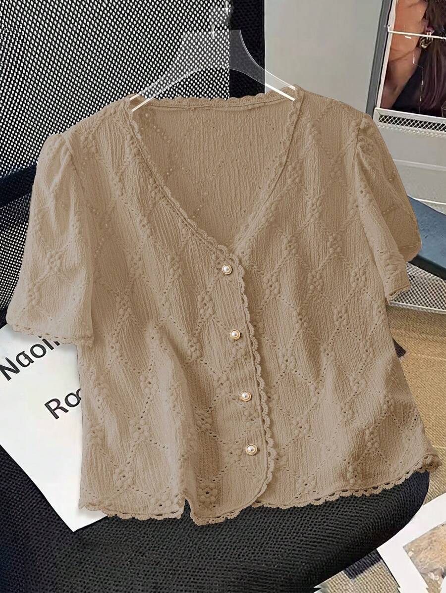 Chiquease Áo sơ mi tay bồng họa tiết trơn màu tối giản cho nữ khi đi làm - Màu Khaki - Xem 1