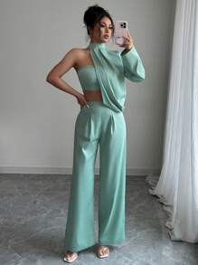 SHEIN Clasi Bộ đồ 2 món gợi cảm cổ tròn dài tay hở vai màu quýt cho nữ - màu xanh lá - Xem 6