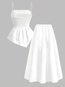 Girlism 少女 2 件套：不对称下摆短款上衣和 A 字形白色褶皱迷你裙、优雅合身吊带背心和分层荷叶边裙套装，适合派对、通勤、婚礼、生日、舞会和伴娘 - 白色 - 查看 2