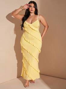 SHEIN BAE Damen Große Größen gelbes Rüschen V-Ausschnitt Träger Maxikleid, Strandparty/Geburtstagsparty/Abendausgang elegantes und sexy Kleid, Frühling/Sommer, Abschlusskleid, Strandoutfit für Frauen, 4. Juli Outfit, Inselurlaub Outfit, Flitterwochen Outfit Frau, Sommeroutfit für Frauen, Sommerkleider für Frauen, Pool Party Outfit, Urlaubsoutfit Frau, Damenkleidung in Große Größen, Konzert, buttergelbes Kleid