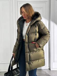 SHEIN Cottnline Women Contrast Drawstring And Lining Detailed Puffer Hooded Wintercoat - Army Green - View 5