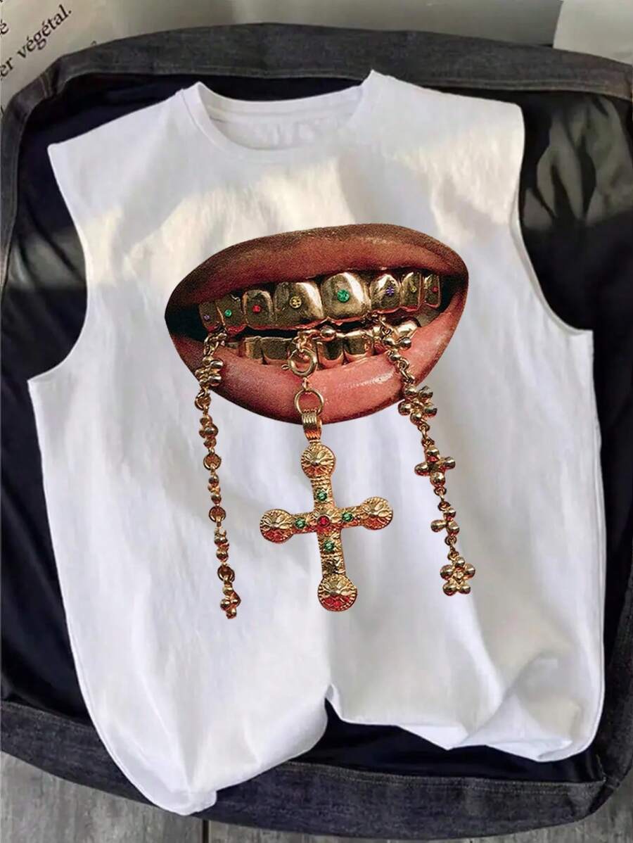 Manfinity Dauomo Men's Mouth & Teeth Print Round Neck Sleeveless Tank Top, Summer , Christian Clothes - White - View 1