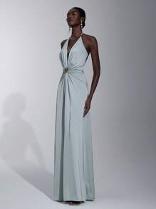 SHEIN Belle Robe élégante, romantique, sexy, minimaliste, en satin vert menthe, dos nu, boucle métallique, taille ajustée, stylée, pour festival, vacances, fête d'anniversaire, mariage, demoiselle d'honneur - Bleu canard - Voir 7