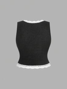 SHEIN MOD Boho Festival Holiday Casual Beach Versatile, Textured Knit Elastic Waist 2 Pieces Set With White Embroidered Lace Hem Maxi Skirt, Plus Size - Black and White - View 6