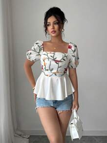 Elenzga Ruffle Trim Fashionable Square Neck Backless Short Sleeve Blouse - Apricot - View 3