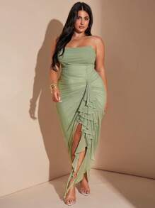 SHEIN BAE Váy xẻ tà cổ tay bèo nhún họa tiết hoa xanh lãng mạn thanh lịch cỡ lớn dành cho nữ, phù hợp cho mùa xuân/hè, ngày lễ tình nhân, hẹn hò, đám cưới, tiệc tùng, váy màu pastel dành cho nữ, ngày 4 tháng 7, quần áo ngày 4 tháng 7, ngày tưởng niệm, tốt nghiệp, công sở/văn phòng, trang phục nghỉ lễ, váy xanh lá cây xô thơm, trang phục nghỉ lễ, váy lưới - màu xanh lá - Xem 4