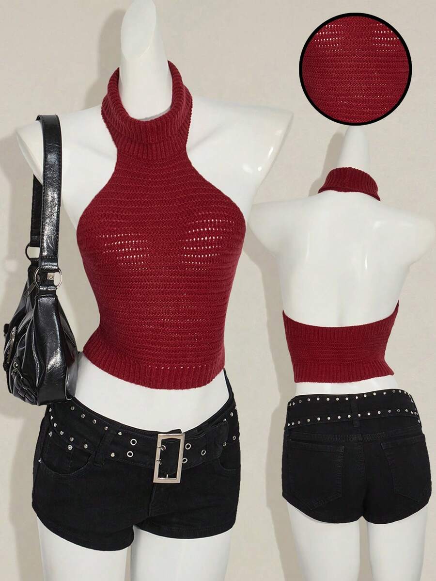 SHEIN ICON 女式纯色简约针织吊带背心 - 紅色 - 查看 1
