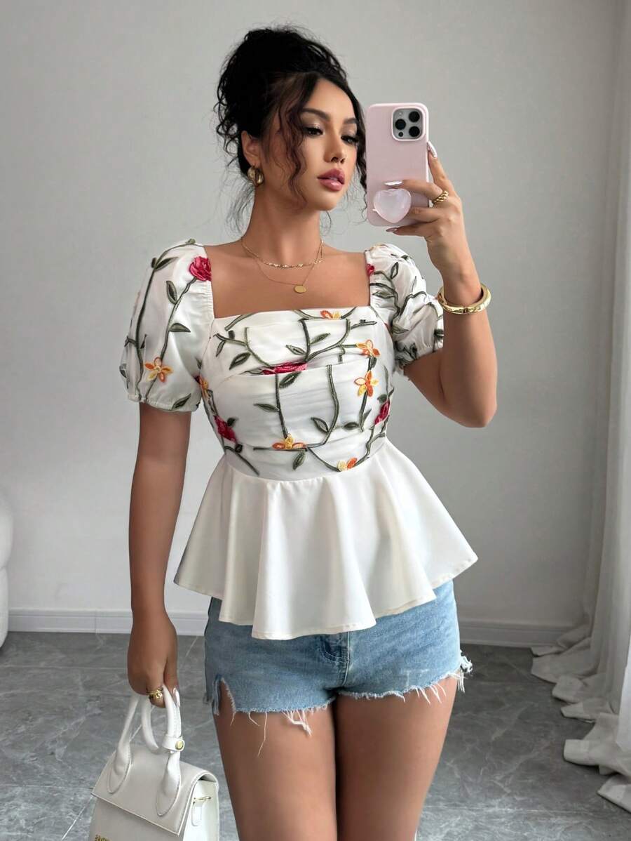 Elenzga Ruffle Trim Fashionable Square Neck Backless Short Sleeve Blouse - Apricot - View 1