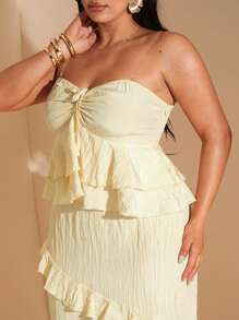 SHEIN BAE Große Größen Damen Sommer gelb super lang Bodycon strukturiertes Rüschen Saum trägerloses Maxikleid, Urlaub - Gelb - Übersicht 3