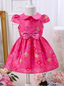 SHEIN Glamorique Kids 女婴春夏新款彼得潘领荷叶袖纹理面料收腰蝴蝶结装饰甜美可爱婚礼礼服女婴派对礼服女婴公主裙派对 - 玫紅色 - 查看 2