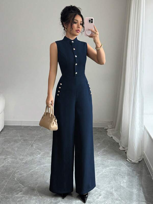 Elenzga Mono elegante de mujer sin mangas, sin cuello, con decoración de botones, de unicolor
