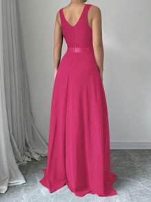 Elenzga Sleeveless V-Neck Cinched Waist A-Line Elegant & Romantic Party Dress For Women Maxi Women Outfit - Hot Pink - View 2