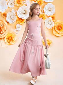 SHEIN Vestido elegante de longitud media sin mangas con decoración de lazo asimétrico para niñas preadolescentes