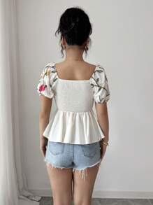 Elenzga Ruffle Trim Fashionable Square Neck Backless Short Sleeve Blouse - Apricot - View 2