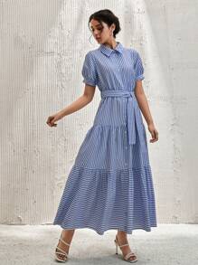 RueChic Women Extra Long Belt Detailed Shirt Dress - Blue - View 4