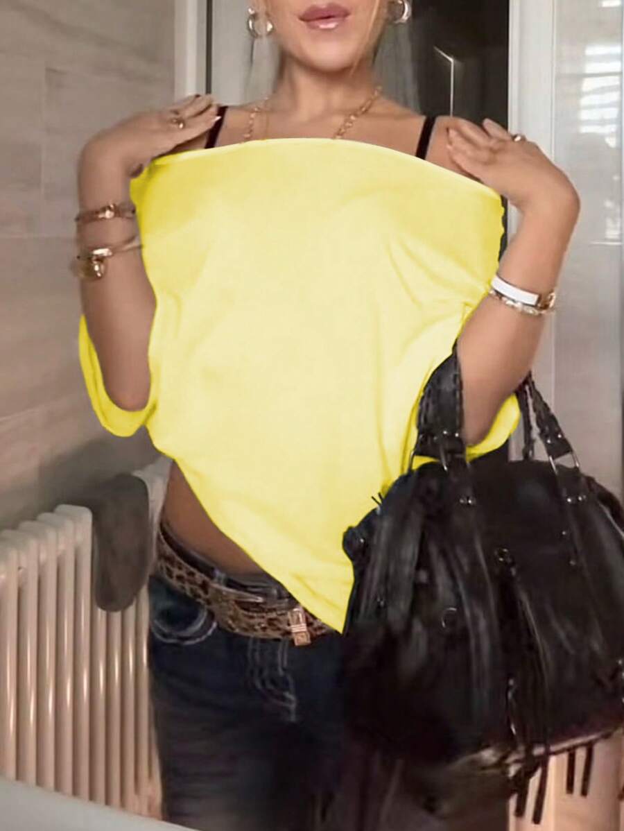 INAWLY Áo thun hở vai màu trơn tối giản giản dị dành cho nữ, mùa hè - Màu vàng - Xem 1