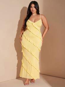 SHEIN BAE Damen Große Größen gelbes Rüschen V-Ausschnitt Träger Maxikleid, Strandparty/Geburtstagsparty/Abendausgang elegantes und sexy Kleid, Frühling/Sommer, Abschlusskleid, Strandoutfit für Frauen, 4. Juli Outfit, Inselurlaub Outfit, Flitterwochen Outfit Frau, Sommeroutfit für Frauen, Sommerkleider für Frauen, Pool Party Outfit, Urlaubsoutfit Frau, Damenkleidung in Große Größen, Konzert, buttergelbes Kleid