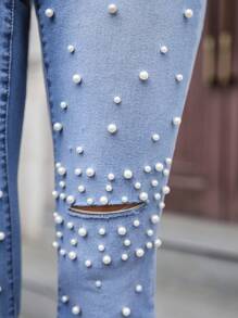 SHEIN Essnce جينز نسائي قطري متهالك يزينه الخرز، سلسل الاستخدام - أزرق فاتح - مشاهدة 3