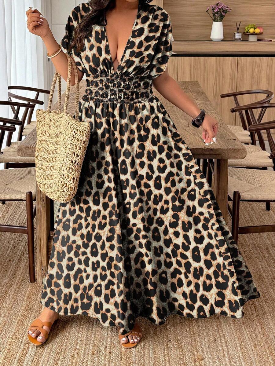 Weeklong Plus Size Shirred Leopard Print Short Sleeve Cinched Waist Bodycon Mini Dress - Multicolor - View 1