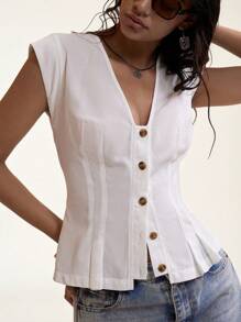 Easelle Summer Boho Vacation Linen White Woven Single-Breasted Western Graduation Waistcoat - White - View 6