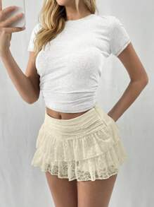 EgrlEra Falda mini A-line blanca de unicolor con doble capa de encaje, estilo Y2K para mujer - Albaricoque - Ver 5