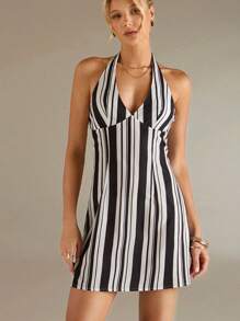 Avantive Summer Women Chic Black And White Striped Mini Dress,Sleeveless V-Neck A-Line Bodycon,Night Out,Beach,Vacation,Elegant Wedding Guest Party Outfits - Black and White - View 7