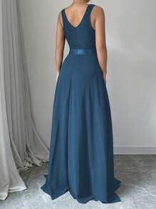 Elenzga Sleeveless V-Neck Cinched Waist A-Line Elegant & Romantic Party Dress For Women Maxi Women Outfit - Teal Blue - View 2