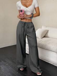 Flirla Women's Solid Color Drawstring Waist Pocket Casual Straight Leg Pants