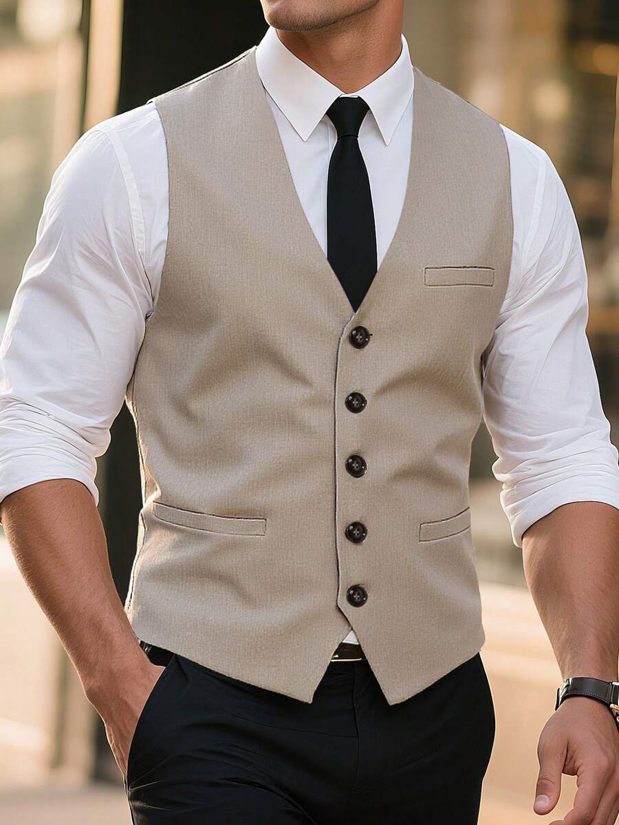 Manfinity Mode Men's Single-Breasted Business Casual Vest (Shirt And Tie Not Included) Dress For Men Dress Shirt With Vest For Men Classy For Men Fashion