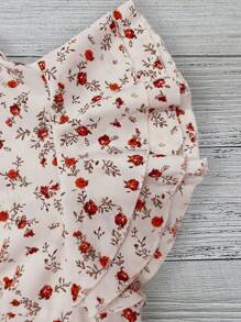 SHEIN Clasi 女士优雅休闲杏色玫瑰印花领双层荷叶边袖短袖衬衫，春夏