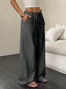 Flirla Women's Solid Color Drawstring Waist Pocket Casual Straight Leg Pants