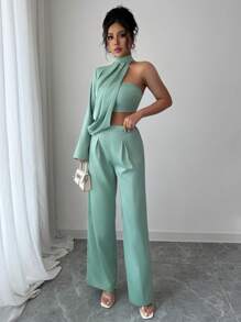 SHEIN Clasi Bộ đồ 2 món gợi cảm cổ tròn dài tay hở vai màu quýt cho nữ - màu xanh lá - Xem 3