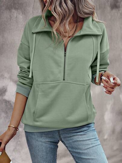 SHEIN LUNE Half-Zip Drawstring Drop Shoulder Sweatshirt,Ladies Late Fall Casual Pocket,Rib-Knit,Zipper Long Sleeve Collar Regular Fit Regular Mint Green Drop Shoulder Half Placket Women Hoodies,Long Sleeve Tops Graduation,Back To School Outfits,Graduation,Teacher Outfits For Women,Back To School Pullover