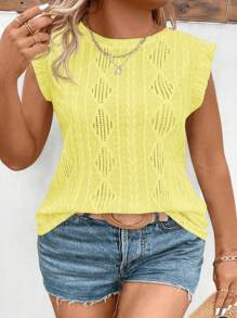 SHEIN VCAY CURVE Women's Casual Round Neck Cap Sleeve Textured Fabric Plus Size T-Shirt - Yellow - View 1