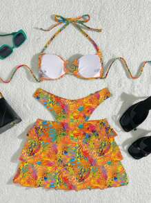 Swim EVENT Women's 3Pcs Set 2025 New Leopard Print V-Neck Triangle Swimsuit, Ruffle Hem Skirt Casual Beach Holiday Swimwear Set For Summer Beach Vacation