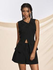 Easelle Summer Women Two Pieces Outfits For Daily Wear Twist Design Black Suit Classy Outfits For Women - Black - View 4