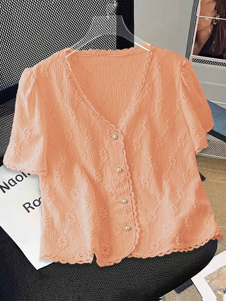 SHEIN Unity Blusa con manga abullonada y botones al frente, simple para uso diario, para verano - Naranja - Ver 1